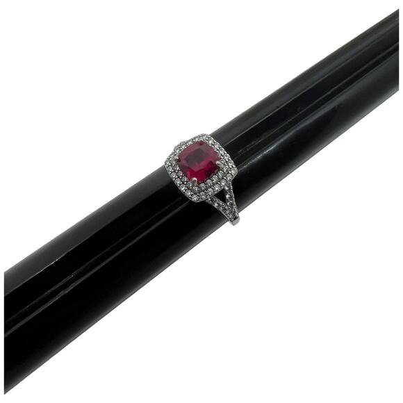 Sterling Silver 925 Ruby Red CZ Halo Ring Art Deco Style Size 6.5 - Picture 12 of 13